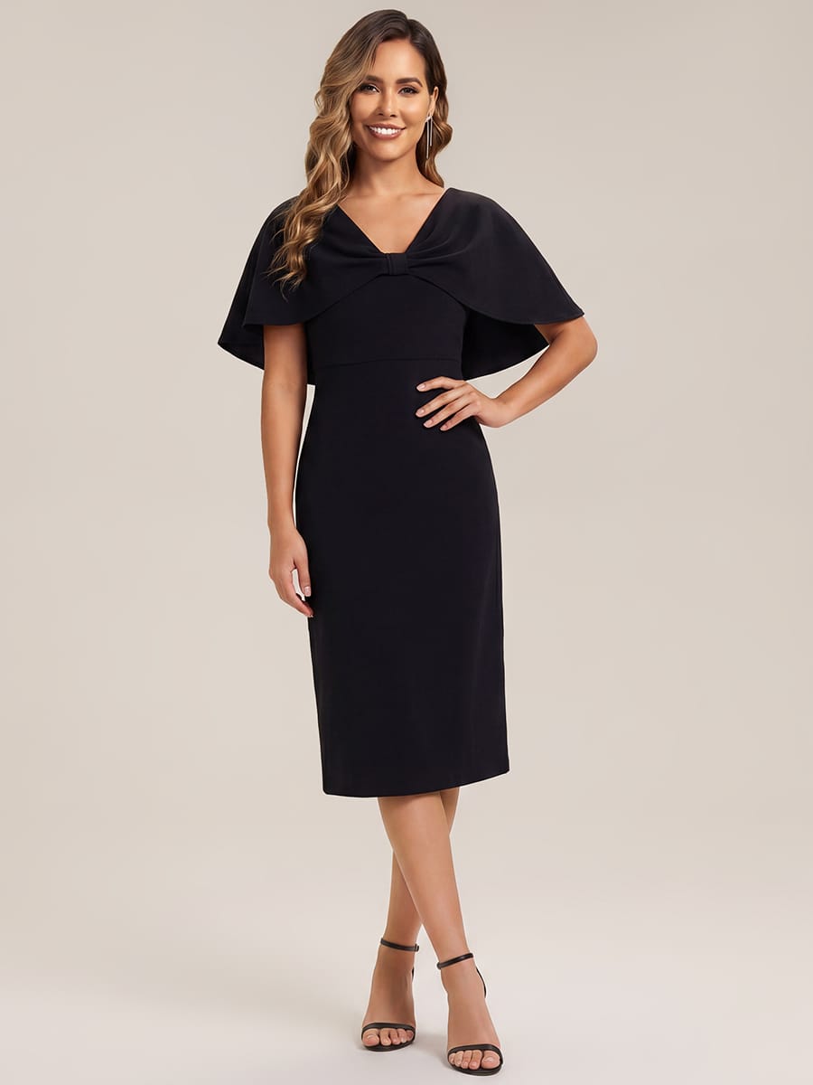 Knit Shawl Sleeve Sheath Dress #color_Black