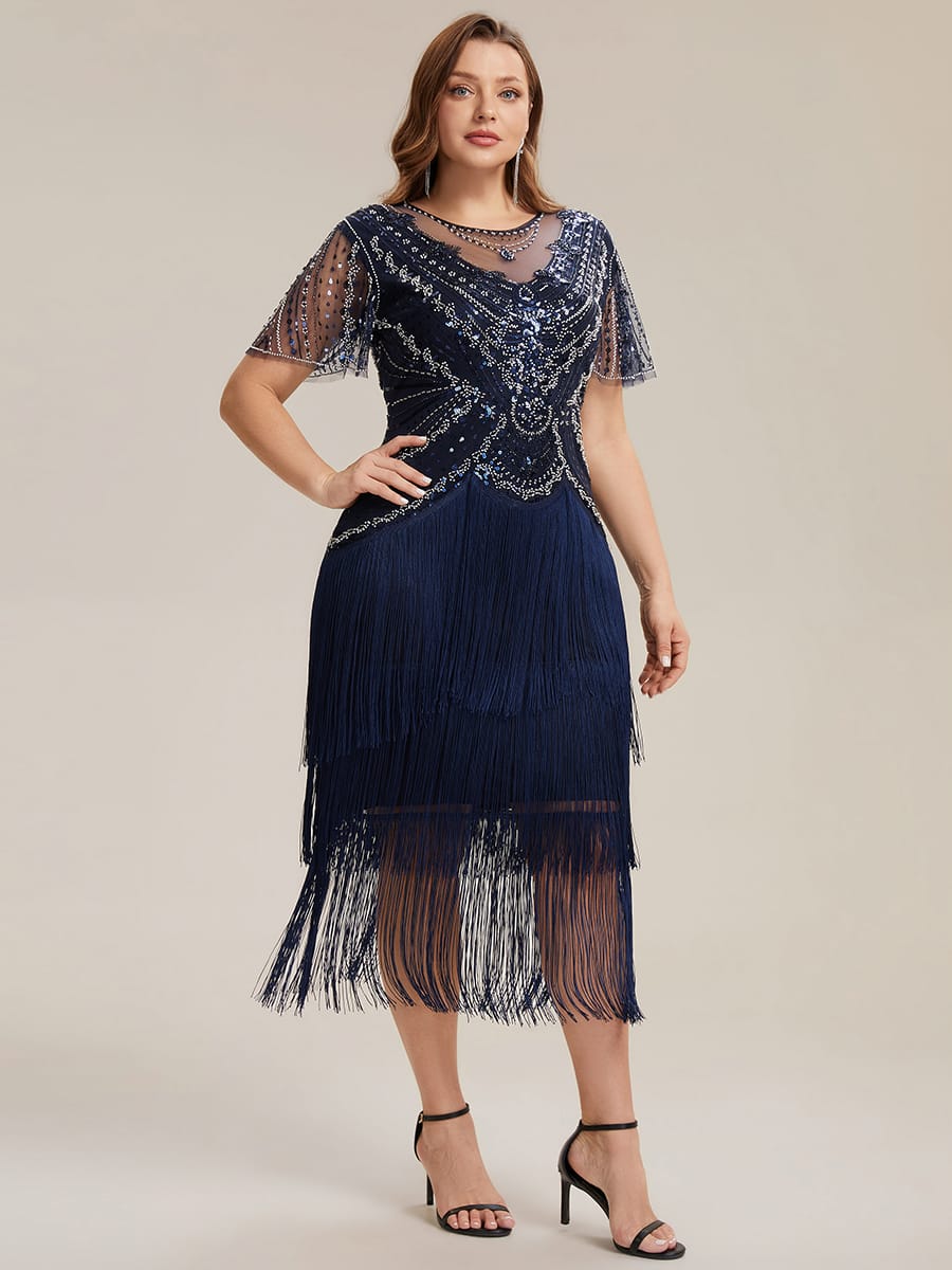 Sequin Ruffle Sleeve Tiered Dress #color_Navy Blue