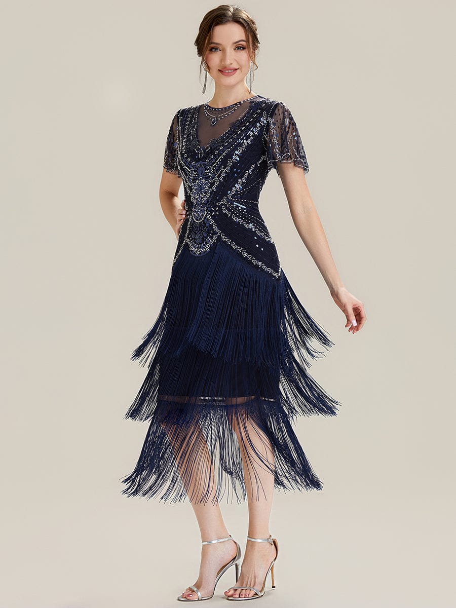 Sequin Ruffle Sleeve Tiered Dress #color_Navy Blue