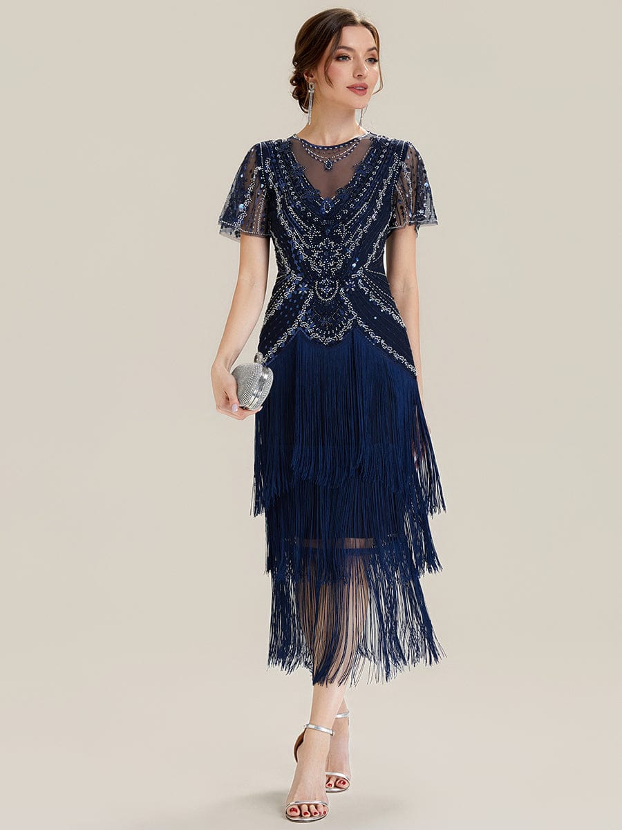 Sequin Ruffle Sleeve Tiered Dress #color_Navy Blue