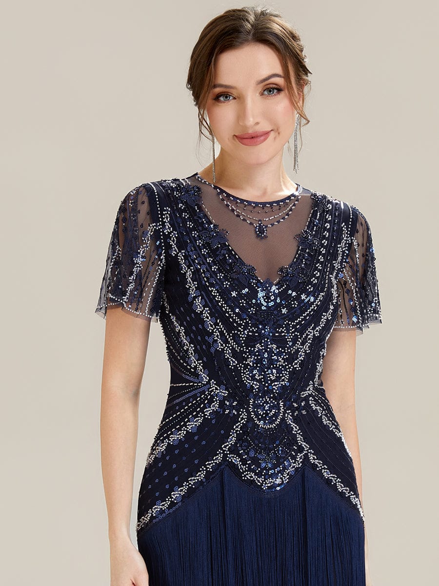 Sequin Ruffle Sleeve Tiered Dress #color_Navy Blue
