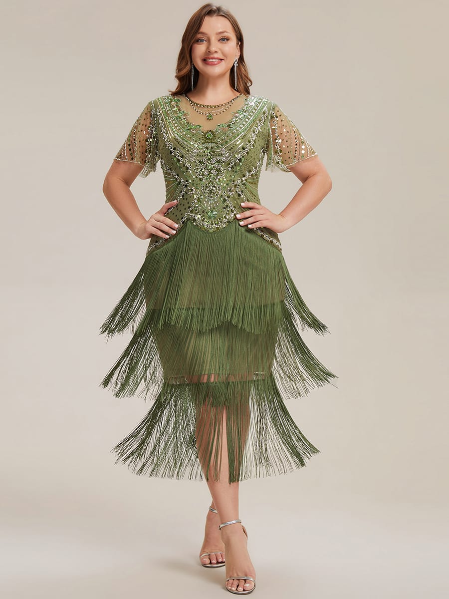 Sequin Ruffle Sleeve Tiered Dress #color_Olive Green