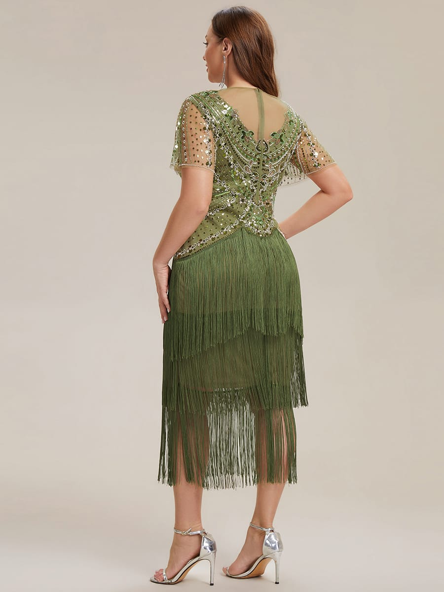 Sequin Ruffle Sleeve Tiered Dress #color_Olive Green
