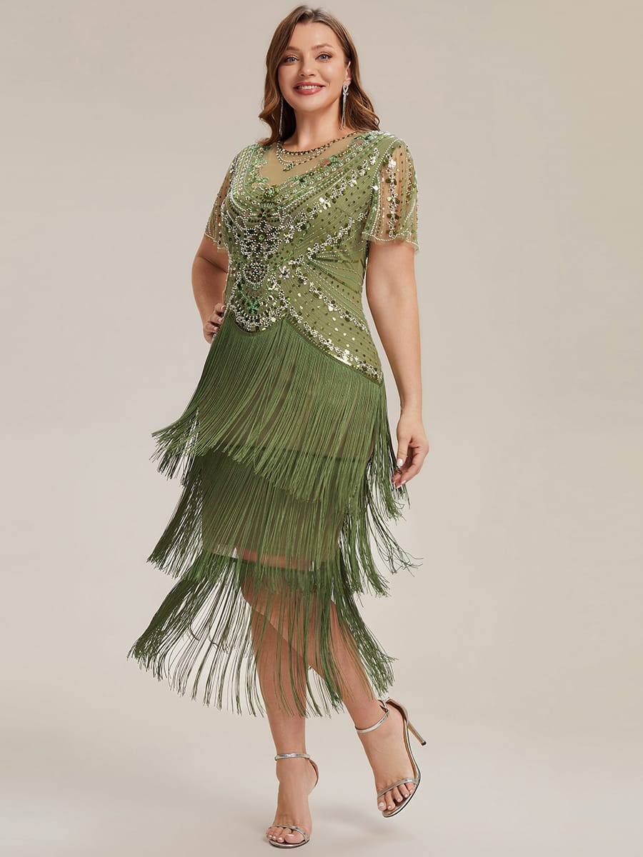 Sequin Ruffle Sleeve Tiered Dress #color_Olive Green