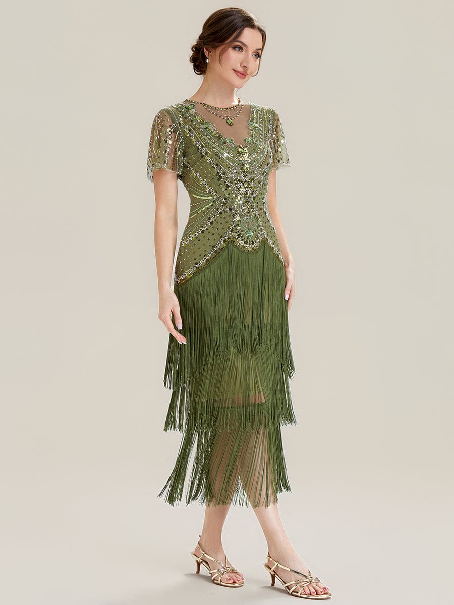 Sequin Ruffle Sleeve Tiered Dress #color_Olive Green
