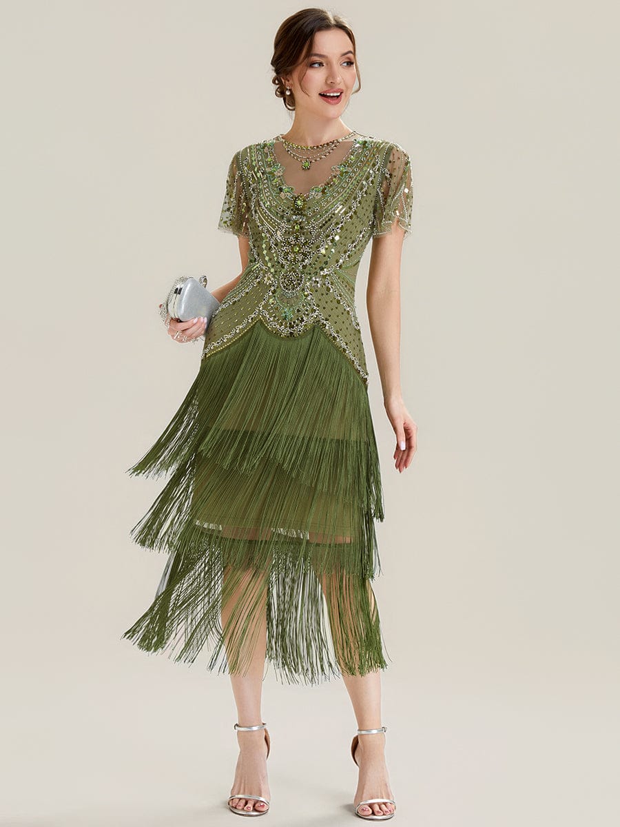 Sequin Ruffle Sleeve Tiered Dress #color_Olive Green
