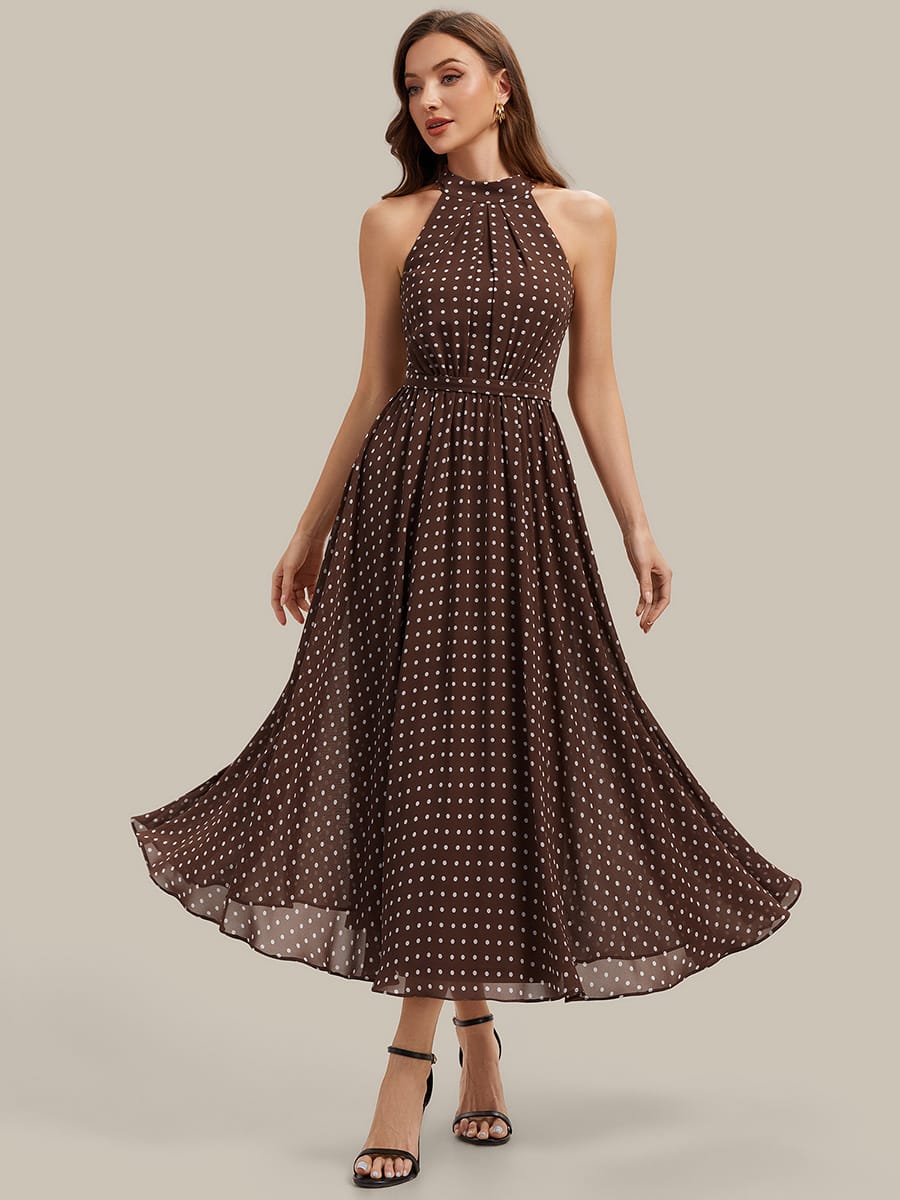 Wedding Guest Dress Chiffon Midi Halterneck A-Line Polka Dot - Wedding And  Party