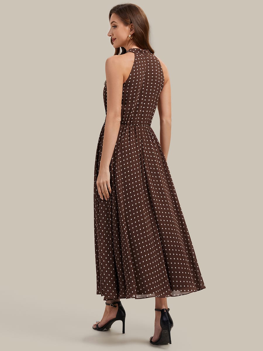 Pleated Chiffon Sleeveless Dress #color_Brown Polka Dots