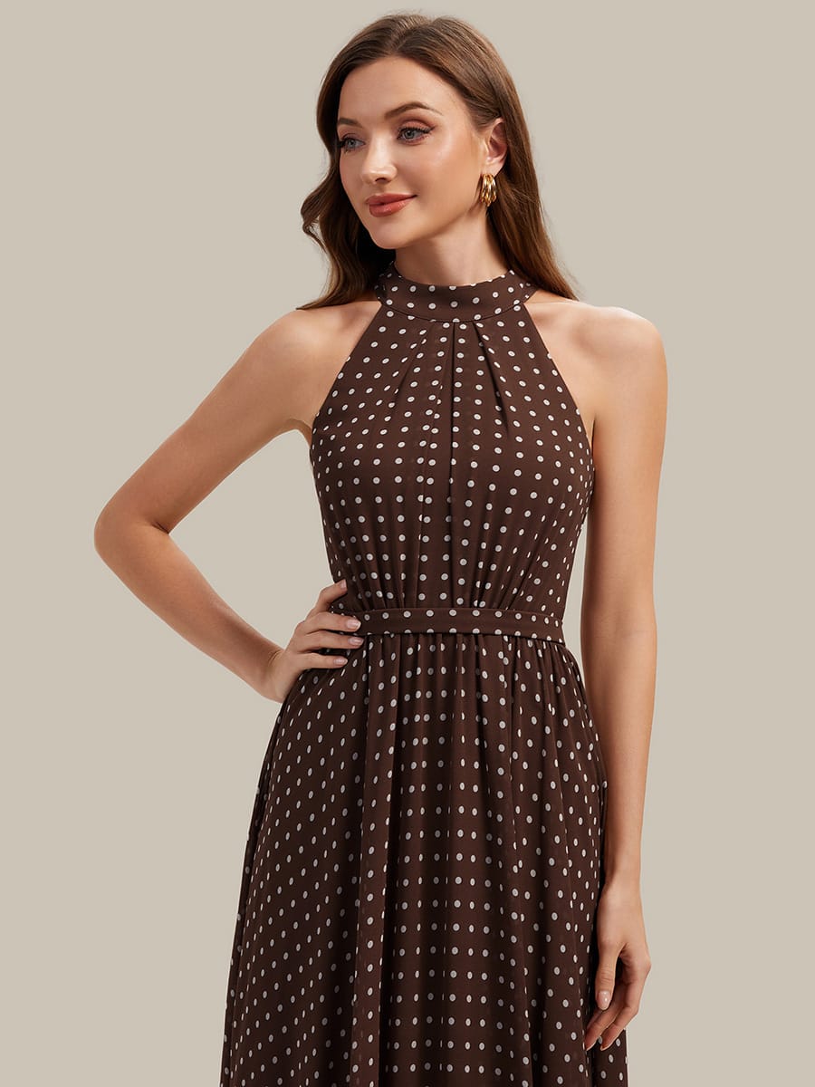 Pleated Chiffon Sleeveless Dress #color_Brown Polka Dots