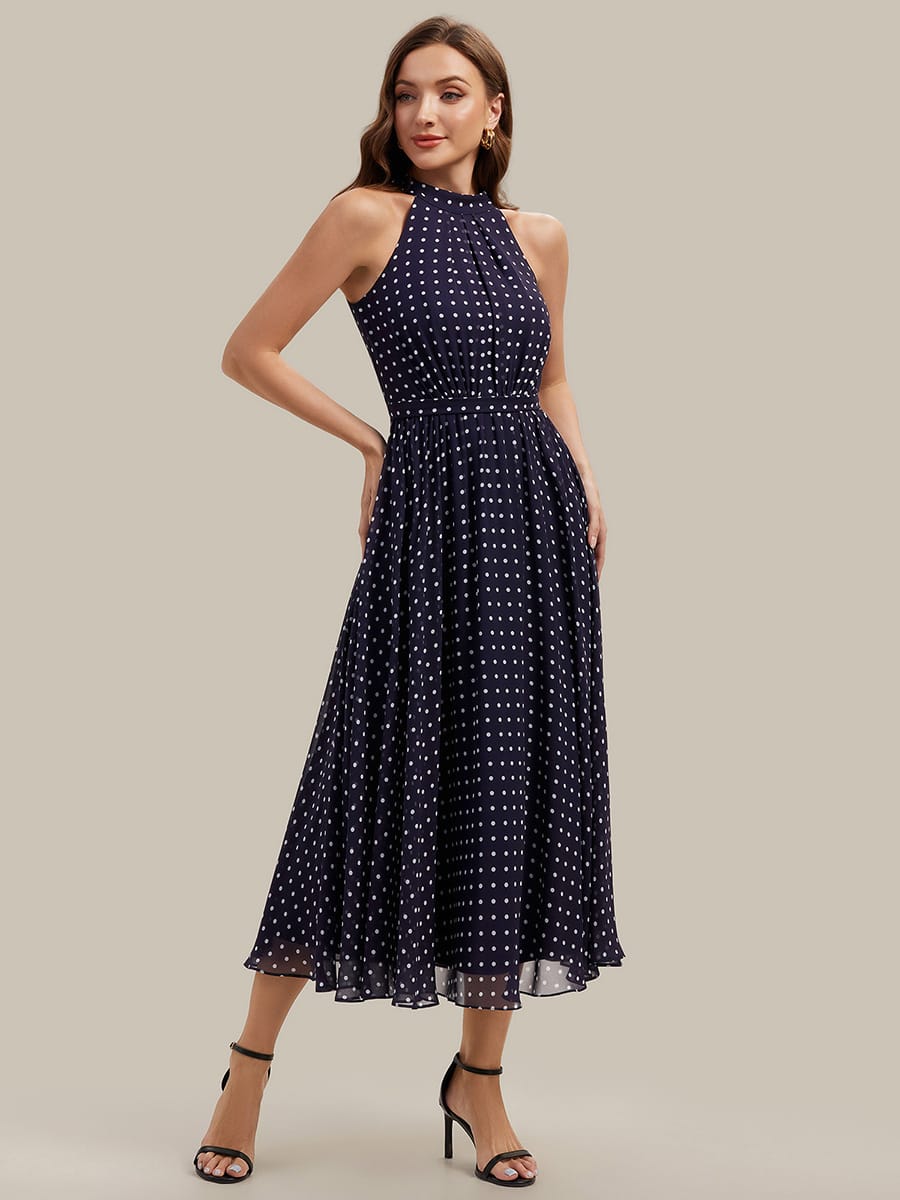 Pleated Chiffon Sleeveless Dress #color_Navy Blue Polka Dots