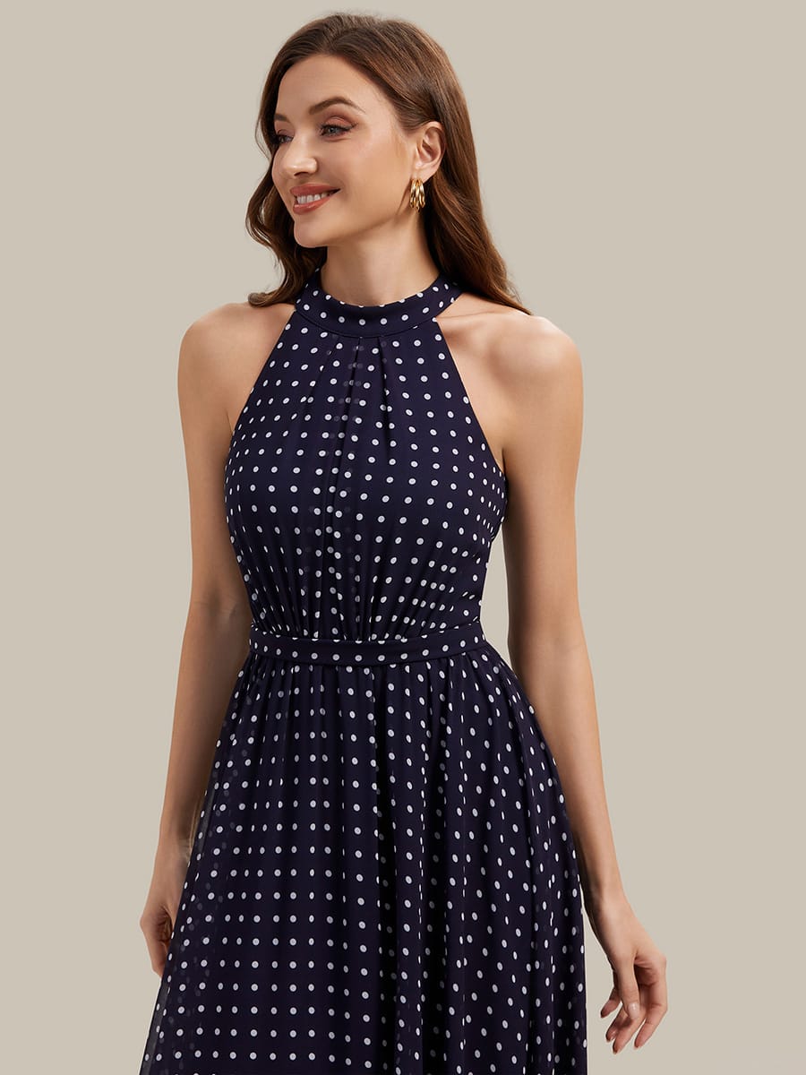 Pleated Chiffon Sleeveless Dress #color_Navy Blue Polka Dots