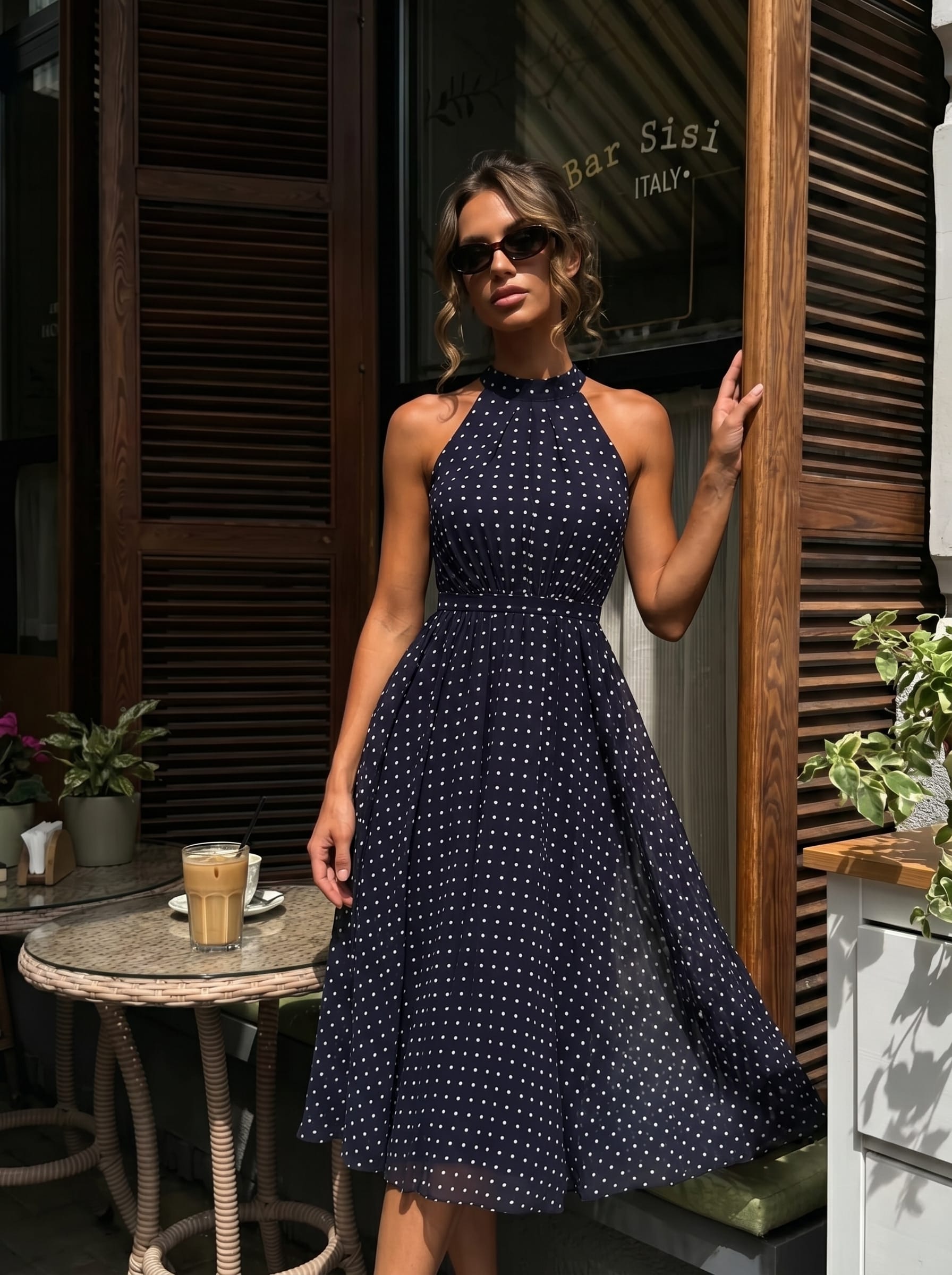 Pleated Chiffon Sleeveless Dress #color_Navy Blue Polka Dots