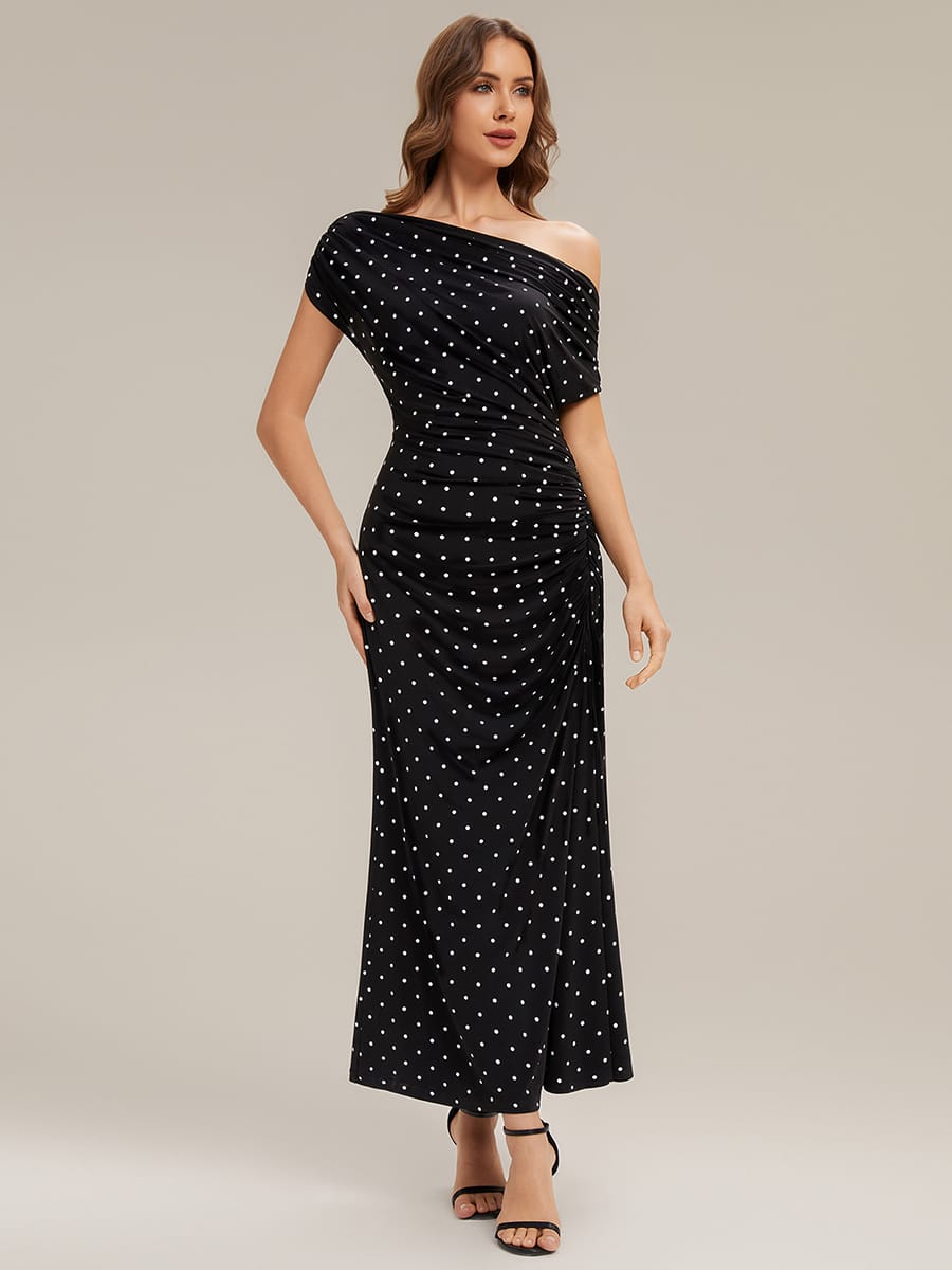 Floral Knit Drop Shoulder Sleeve Dress #color_Black Polka Dot