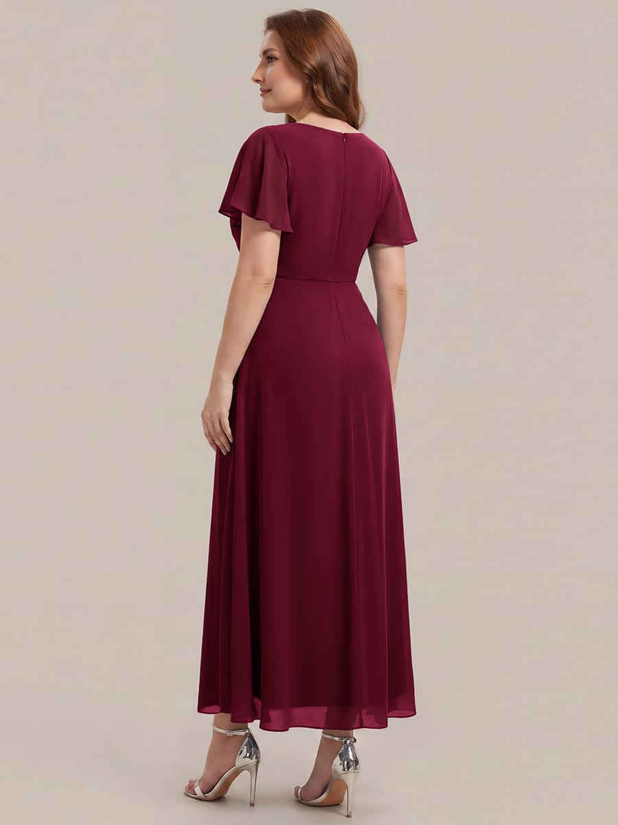 Rhinestone Embellished Chiffon Ruffle Sleeve Dress #color_Burgundy