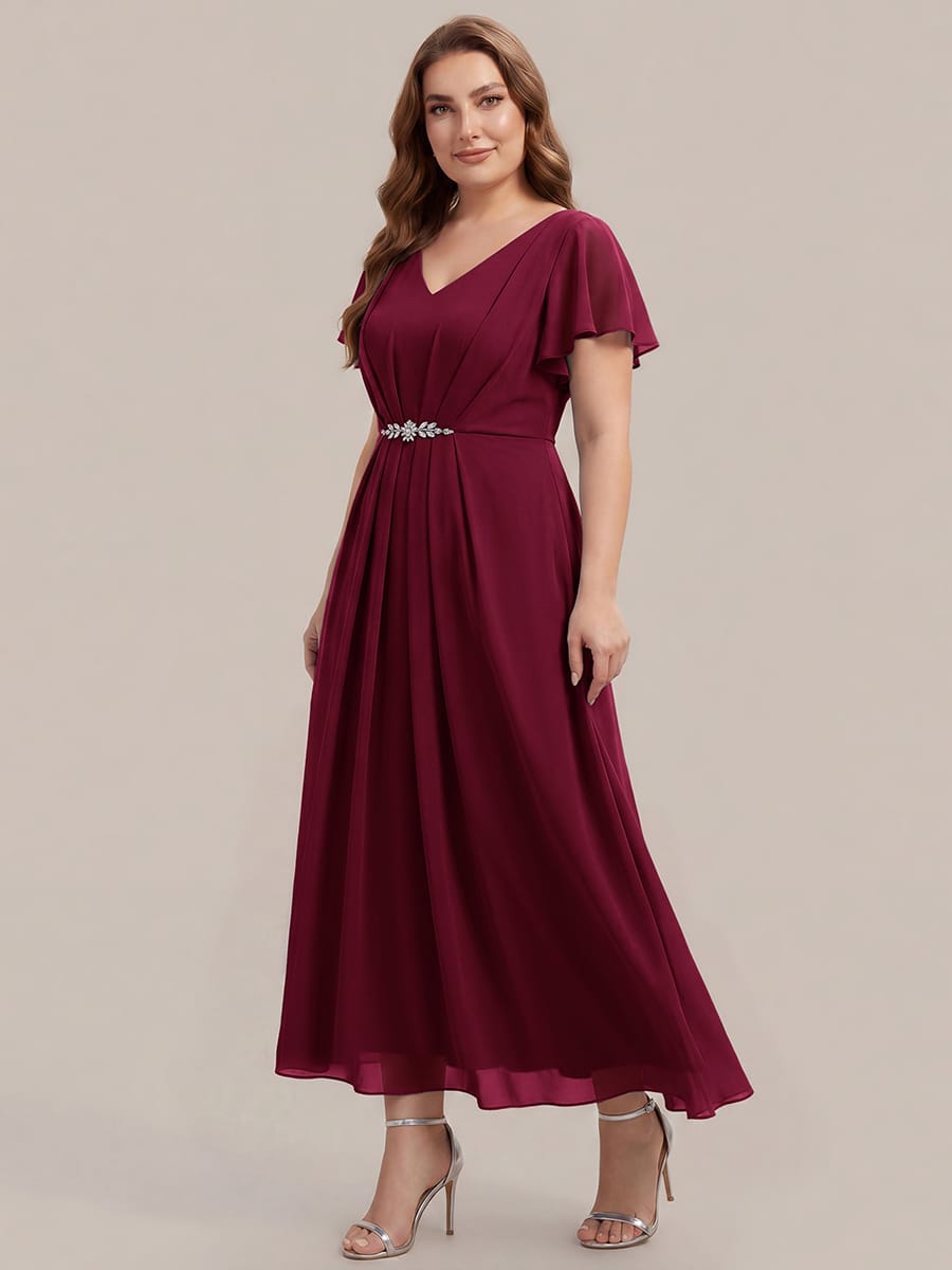 Rhinestone Embellished Chiffon Ruffle Sleeve Dress #color_Burgundy
