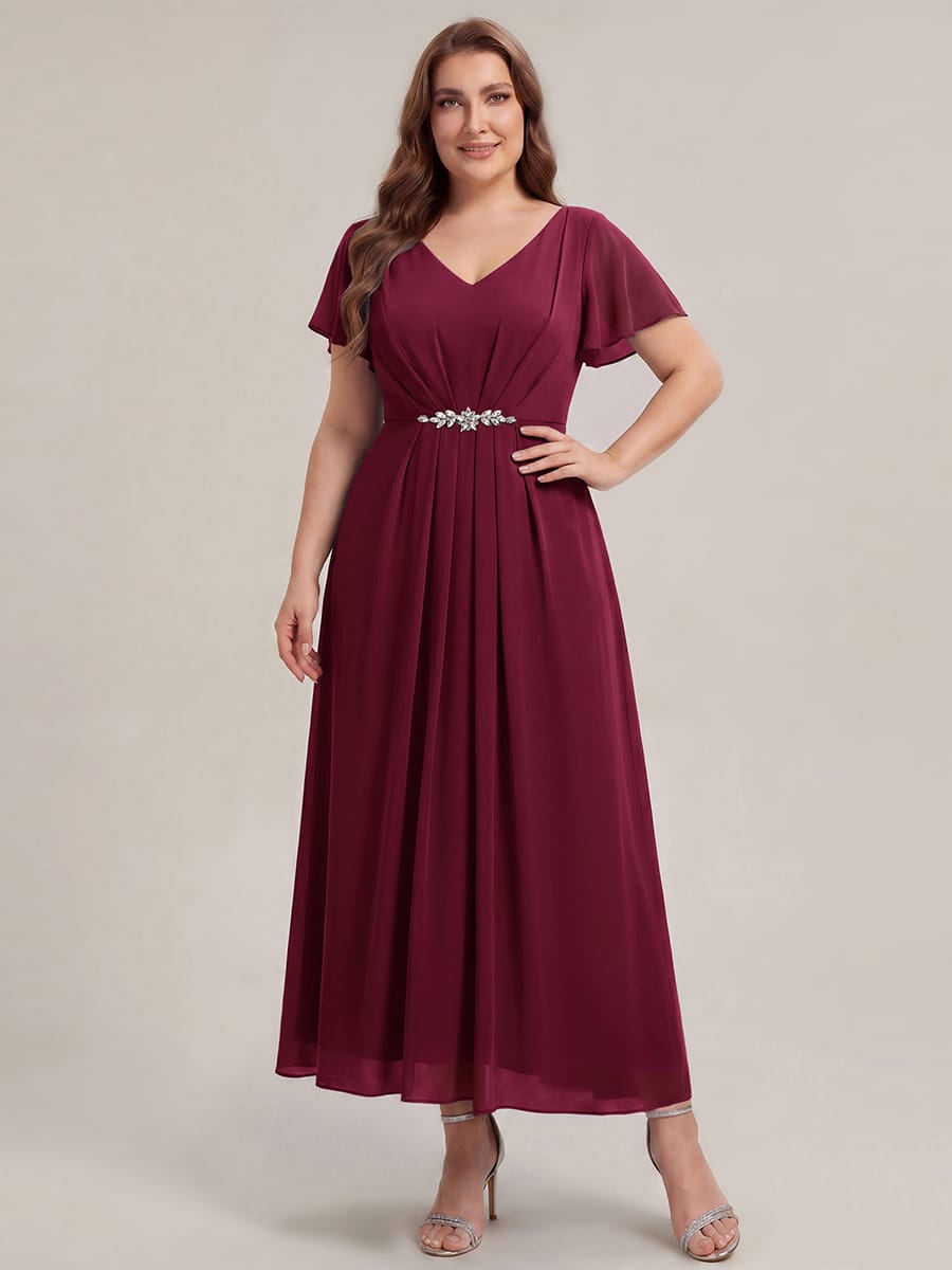 Rhinestone Embellished Chiffon Ruffle Sleeve Dress #color_Burgundy