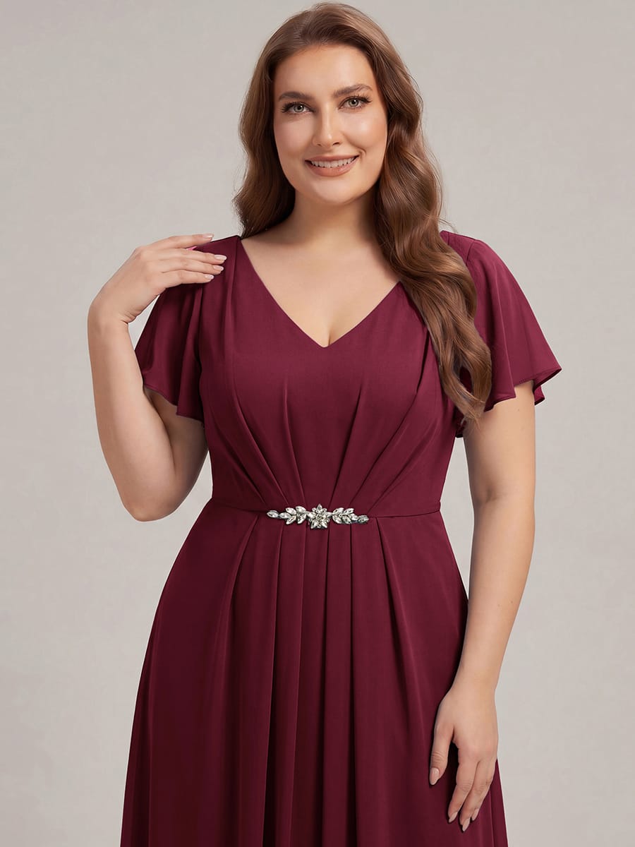 Rhinestone Embellished Chiffon Ruffle Sleeve Dress #color_Burgundy