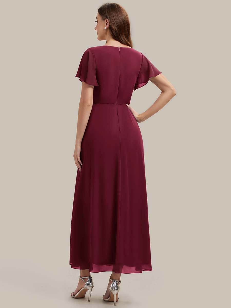 Rhinestone Embellished Chiffon Ruffle Sleeve Dress #color_Burgundy