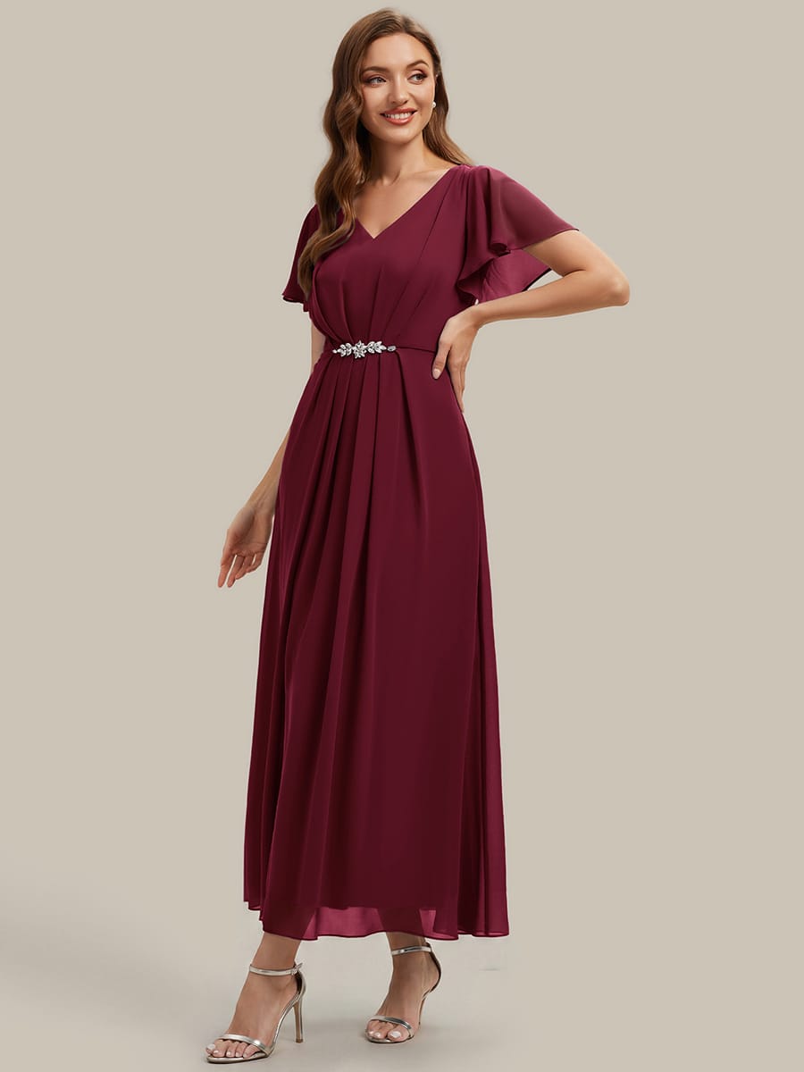 Rhinestone Embellished Chiffon Ruffle Sleeve Dress #color_Burgundy