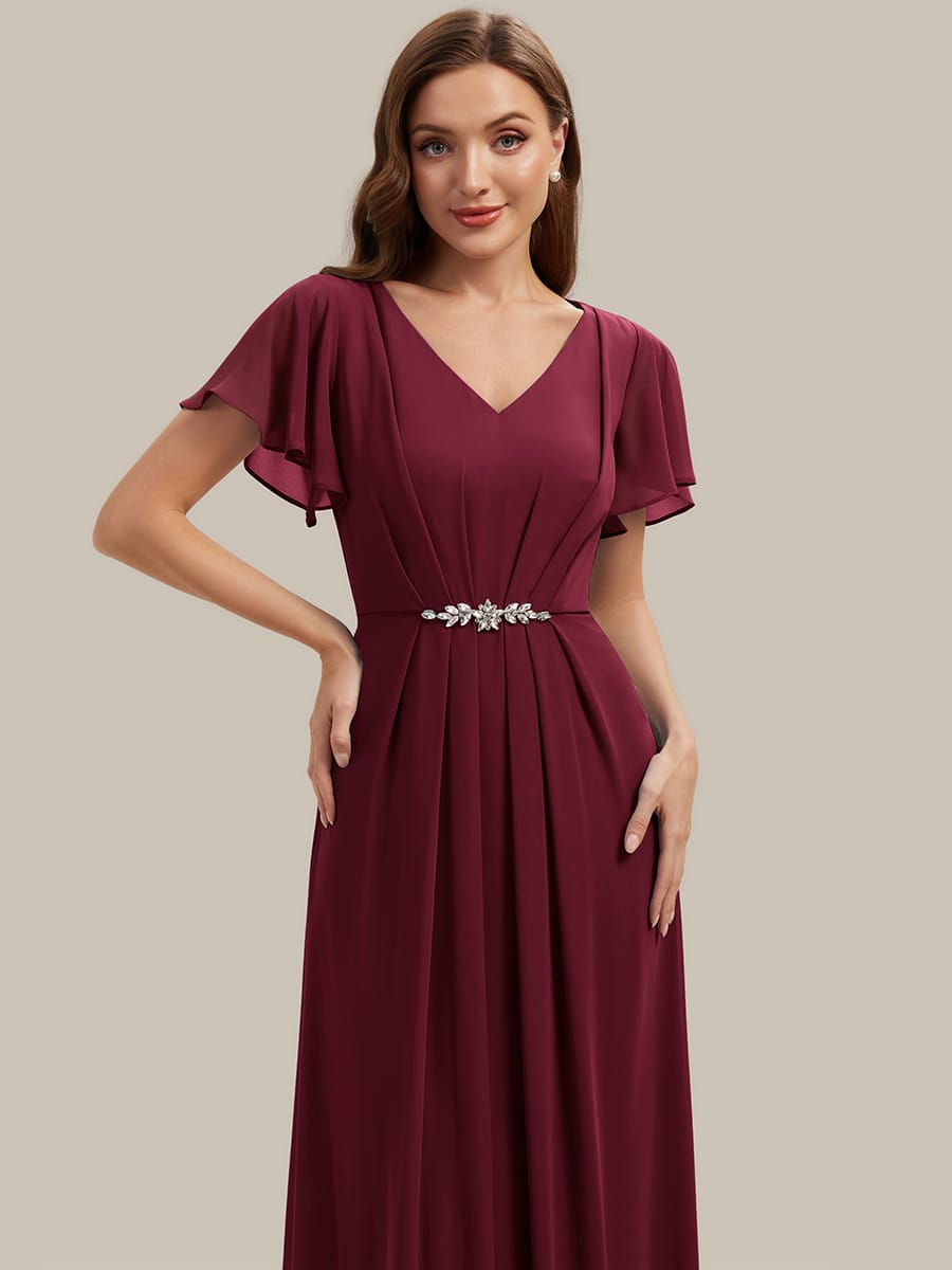 Rhinestone Embellished Chiffon Ruffle Sleeve Dress #color_Burgundy
