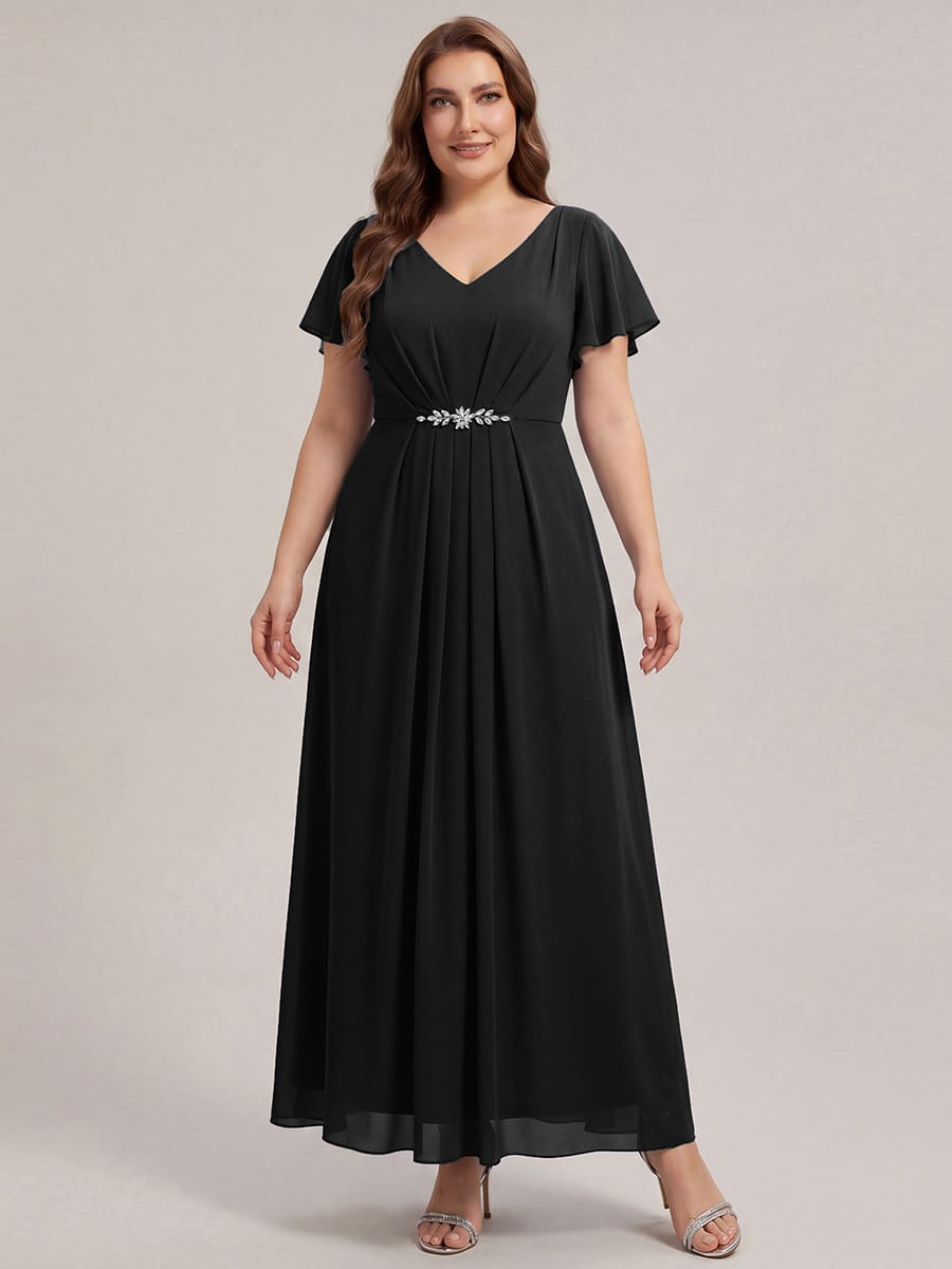 Rhinestone Embellished Chiffon Ruffle Sleeve Dress #color_Black