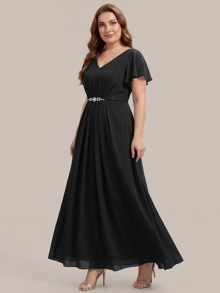 Rhinestone Embellished Chiffon Ruffle Sleeve Dress #color_Black
