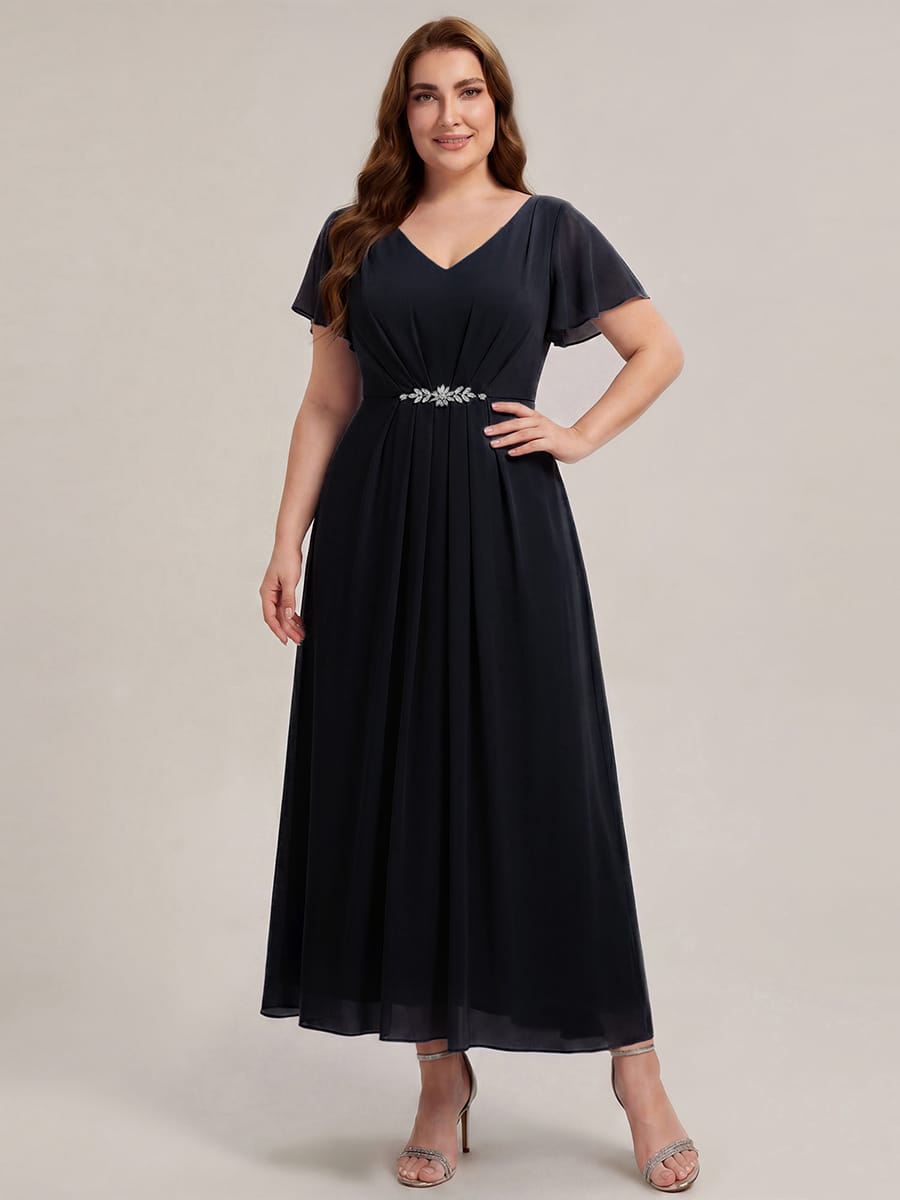 Rhinestone Embellished Chiffon Ruffle Sleeve Dress #color_Black