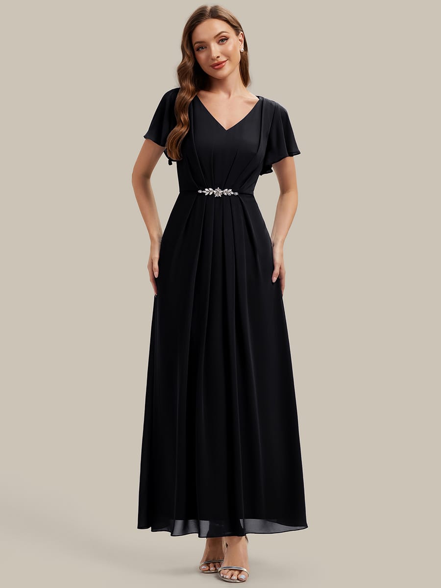 Rhinestone Embellished Chiffon Ruffle Sleeve Dress #color_Black