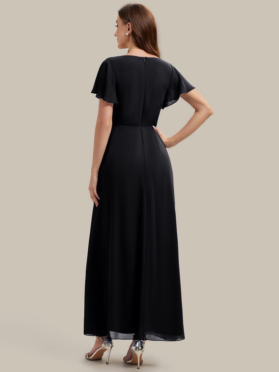 Rhinestone Embellished Chiffon Ruffle Sleeve Dress #color_Black