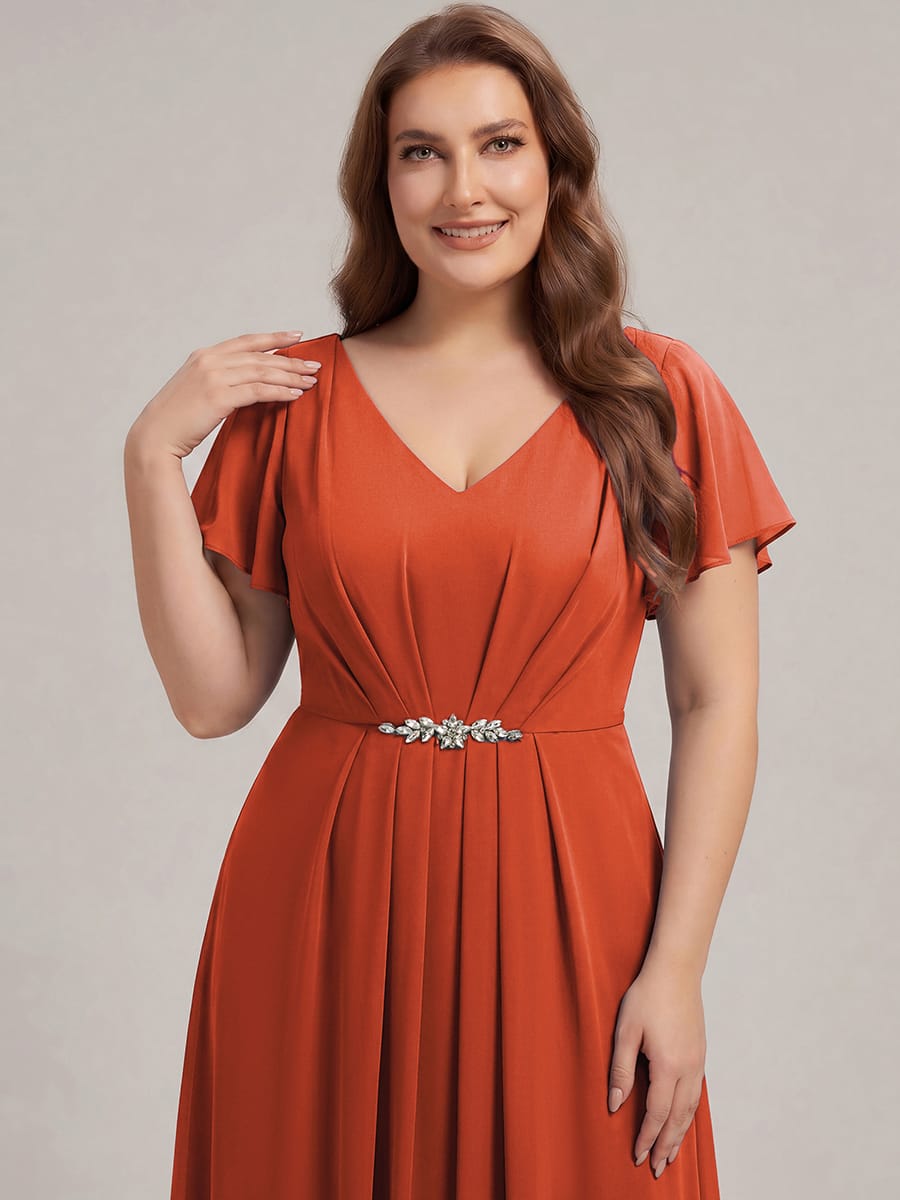 Rhinestone Embellished Chiffon Ruffle Sleeve Dress #color_Burnt Orange
