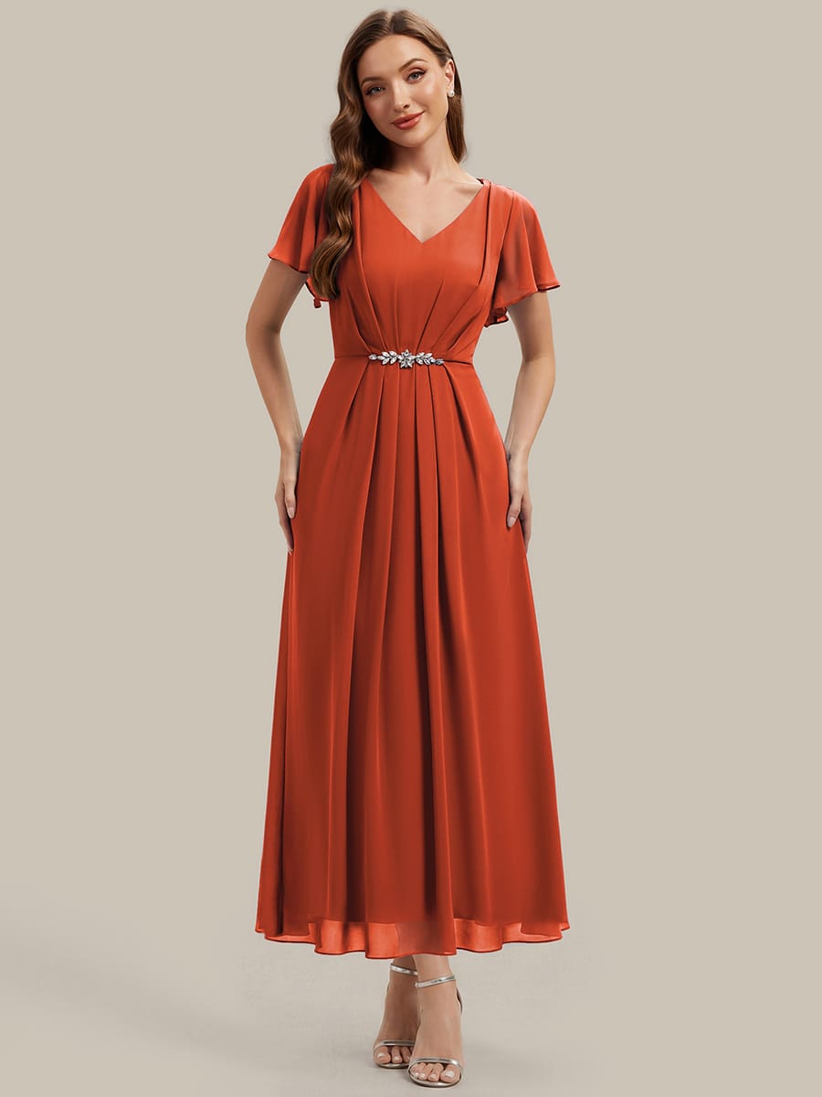Rhinestone Embellished Chiffon Ruffle Sleeve Dress #color_Burnt Orange