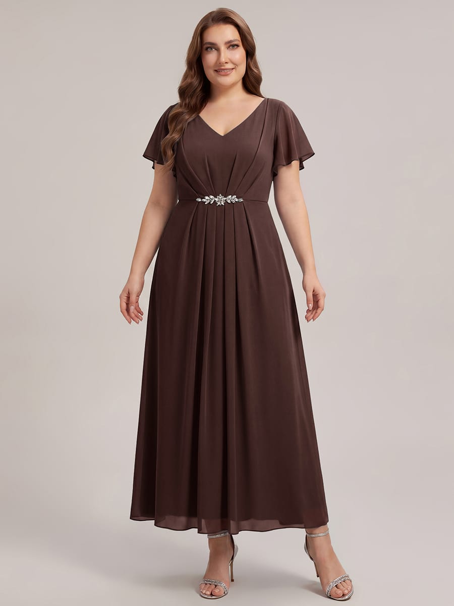 Rhinestone Embellished Chiffon Ruffle Sleeve Dress #color_Chocolate brown
