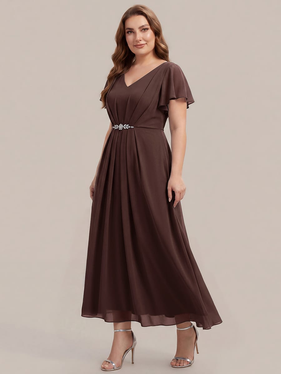 Rhinestone Embellished Chiffon Ruffle Sleeve Dress #color_Chocolate brown