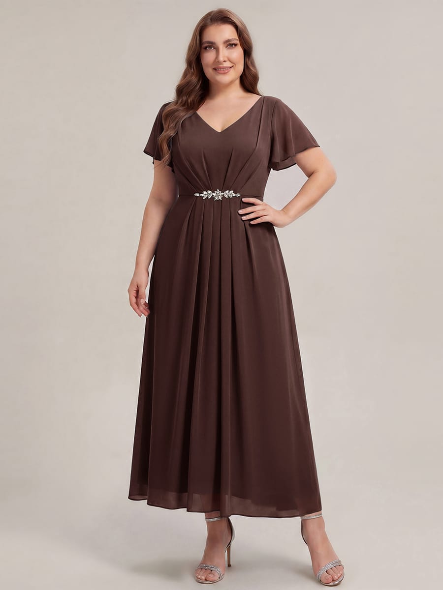 Rhinestone Embellished Chiffon Ruffle Sleeve Dress #color_Chocolate brown