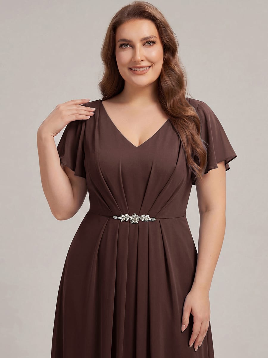 Rhinestone Embellished Chiffon Ruffle Sleeve Dress #color_Chocolate brown