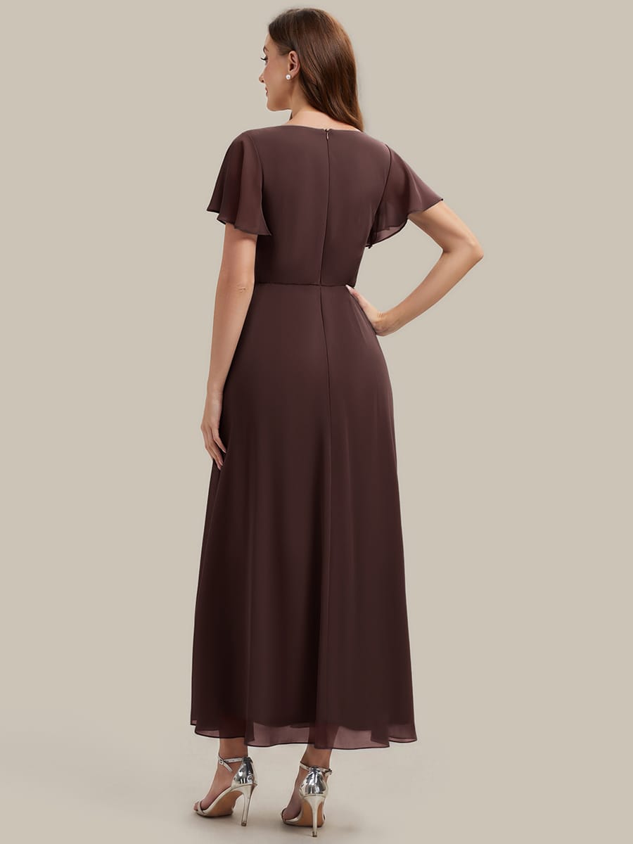 Rhinestone Embellished Chiffon Ruffle Sleeve Dress #color_Chocolate brown
