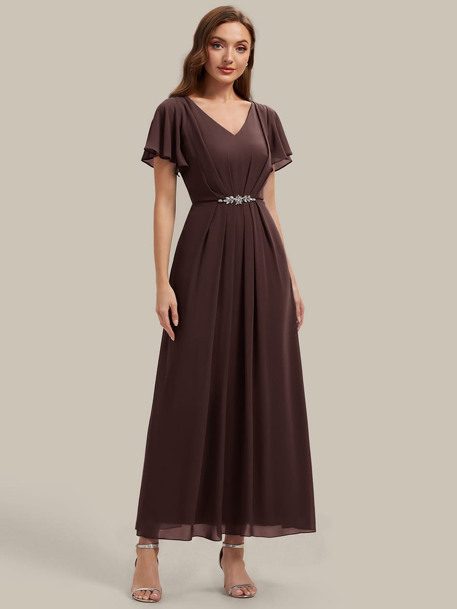Rhinestone Embellished Chiffon Ruffle Sleeve Dress #color_Chocolate brown