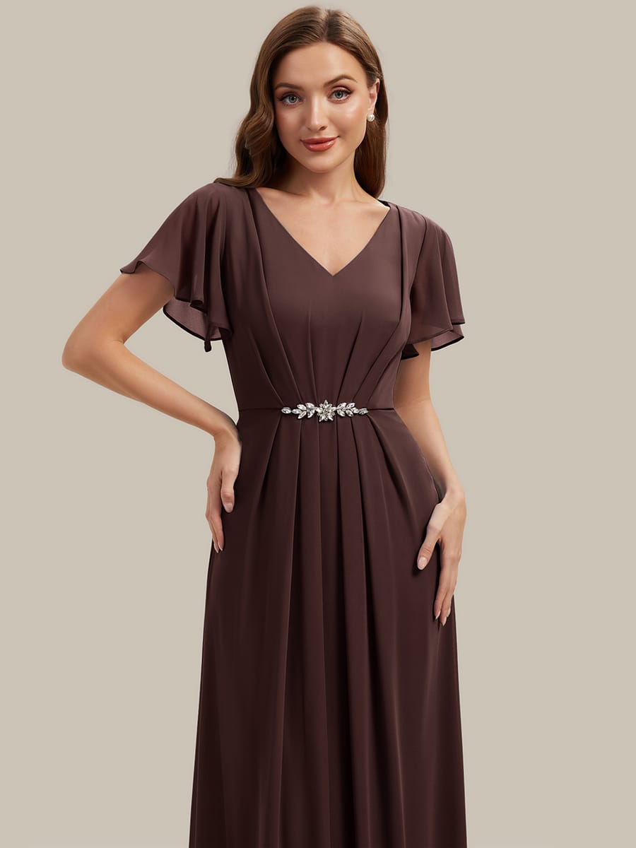 Rhinestone Embellished Chiffon Ruffle Sleeve Dress #color_Chocolate brown