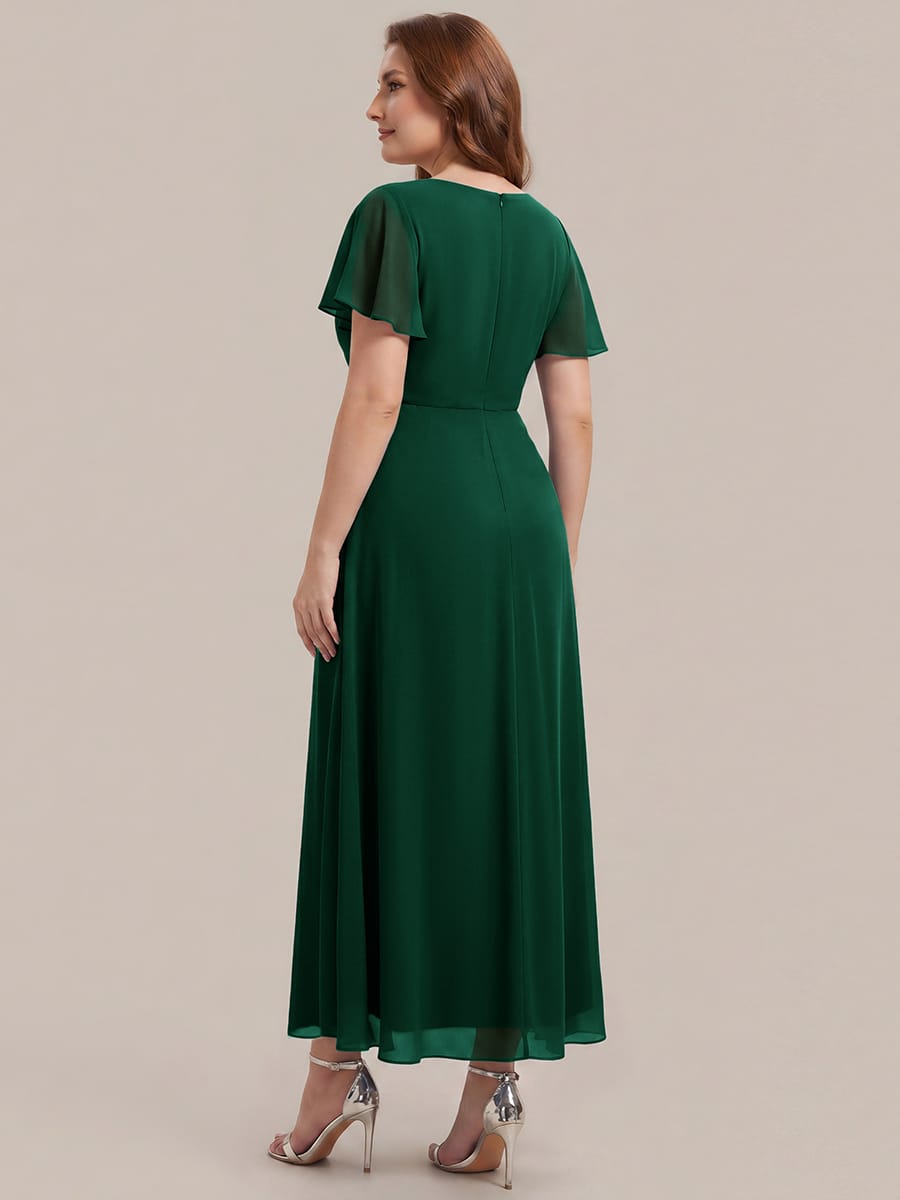 Rhinestone Embellished Chiffon Ruffle Sleeve Dress #color_Dark Green