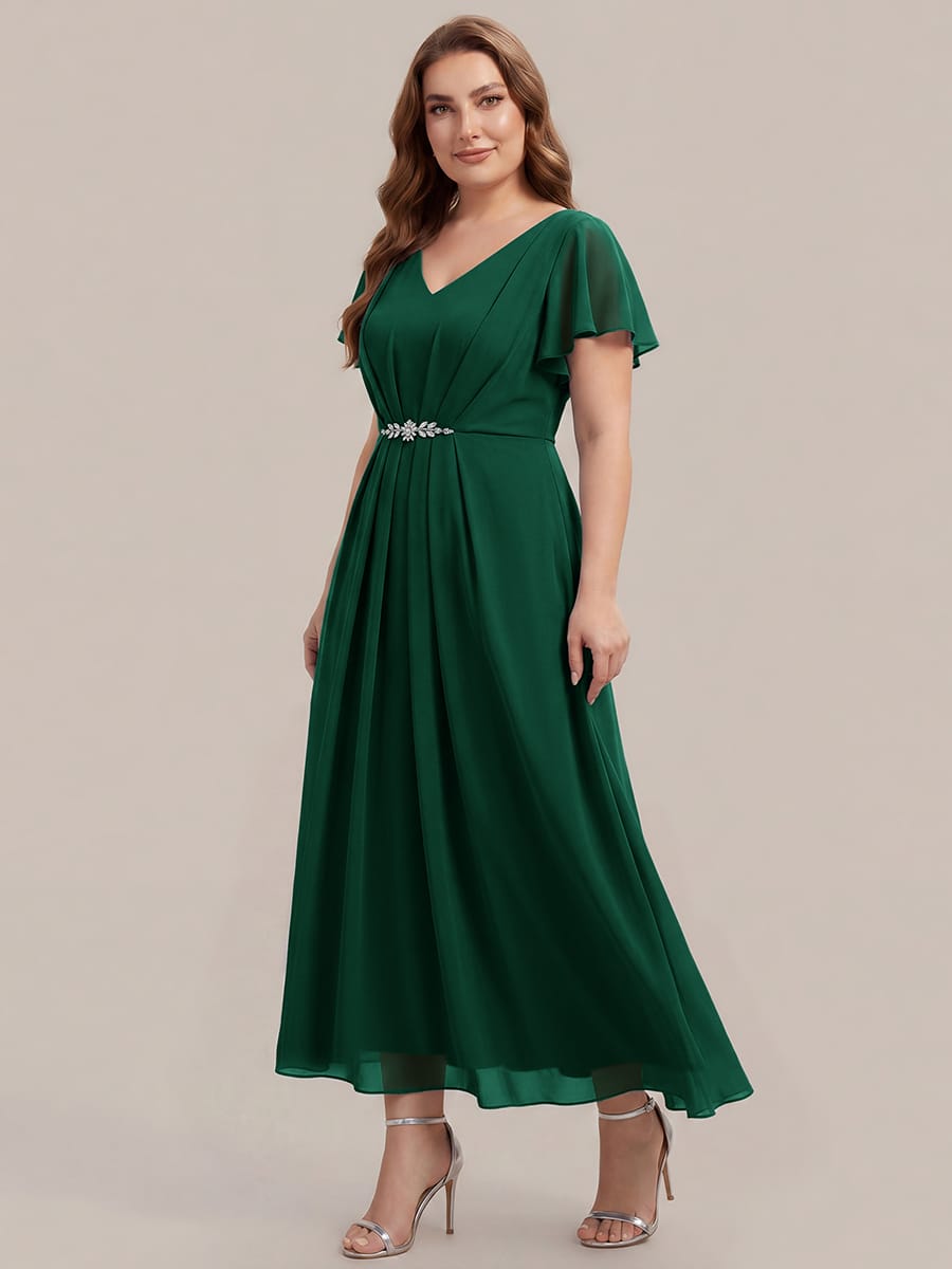 Rhinestone Embellished Chiffon Ruffle Sleeve Dress #color_Dark Green