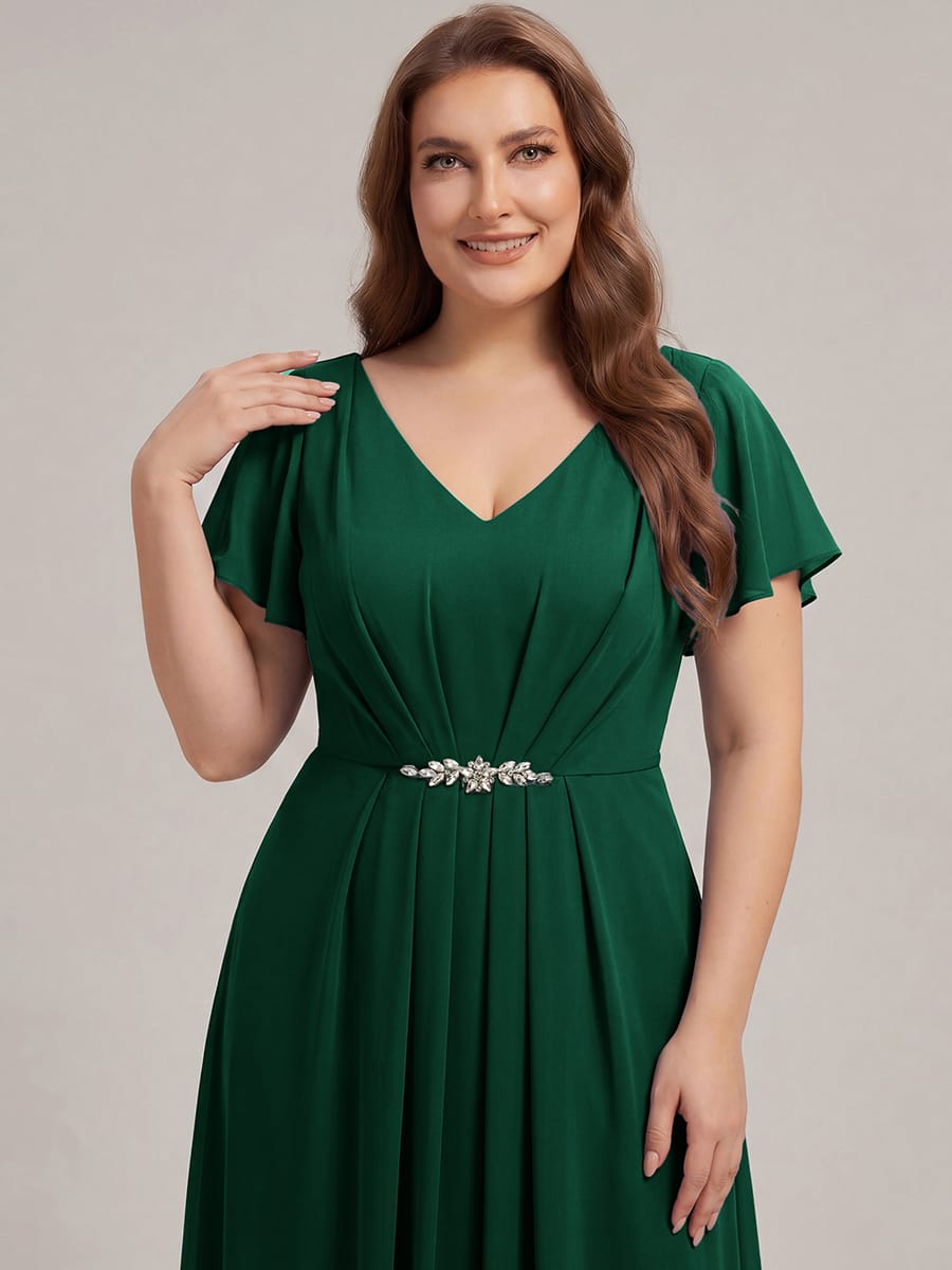 Rhinestone Embellished Chiffon Ruffle Sleeve Dress #color_Dark Green