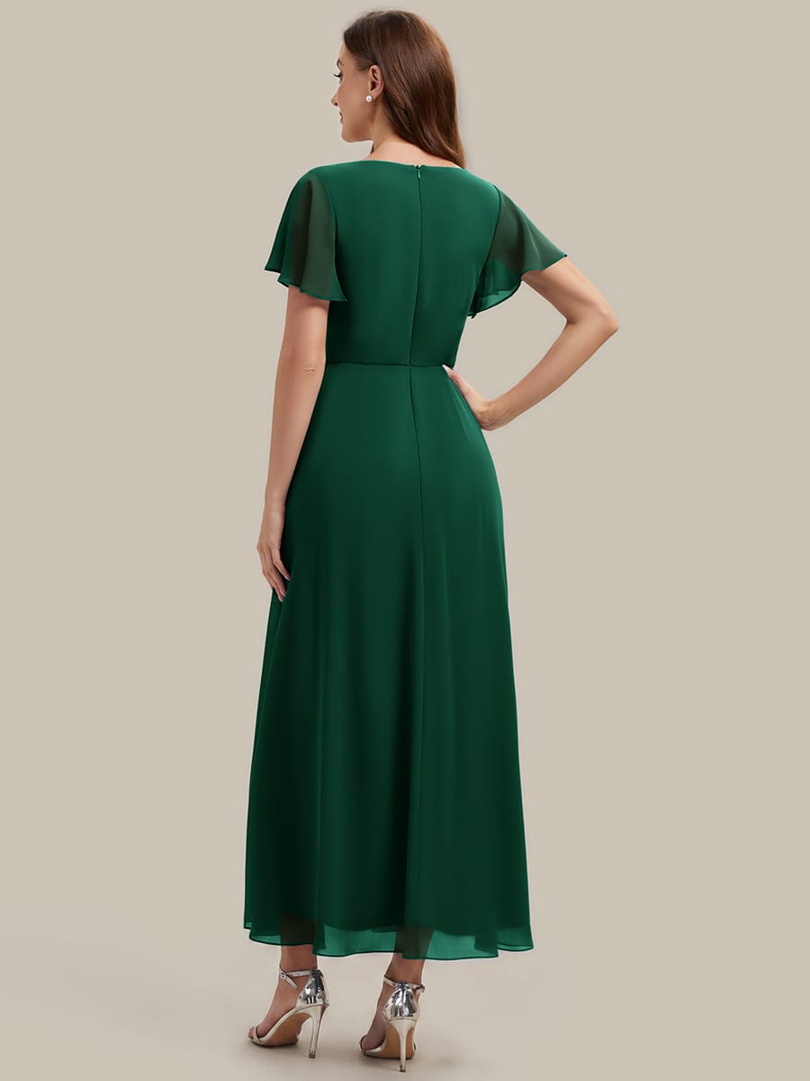 Rhinestone Embellished Chiffon Ruffle Sleeve Dress #color_Dark Green