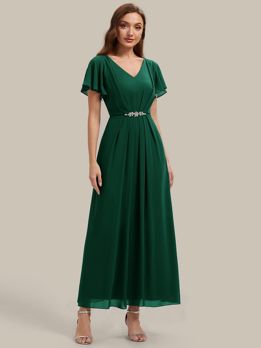 Rhinestone Embellished Chiffon Ruffle Sleeve Dress #color_Dark Green