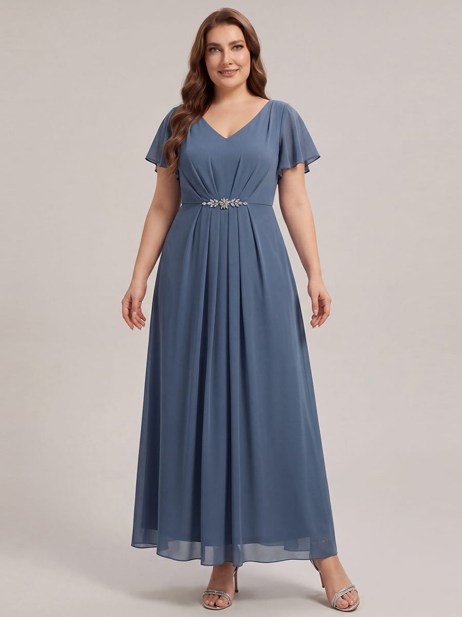 Rhinestone Embellished Chiffon Ruffle Sleeve Dress #color_Dusty Blue