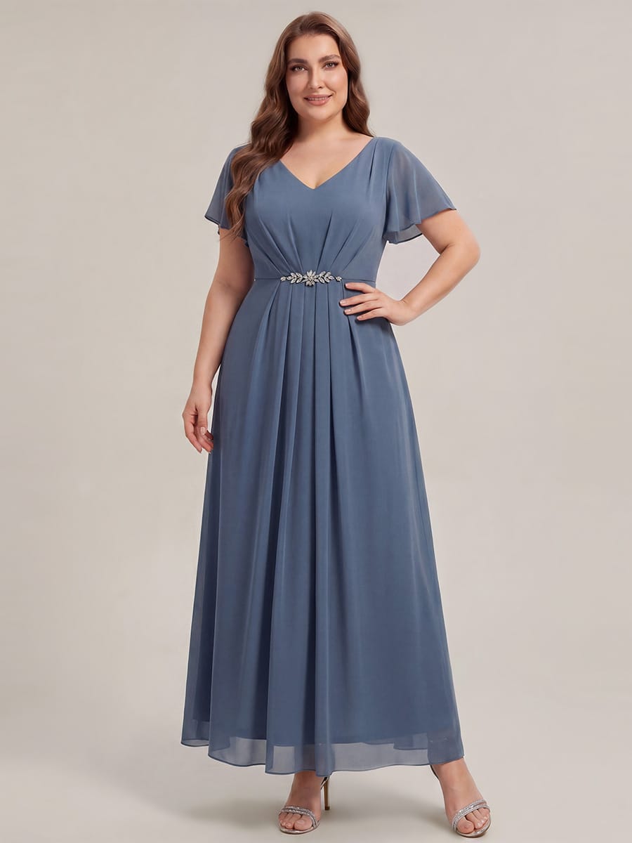 Rhinestone Embellished Chiffon Ruffle Sleeve Dress #color_Dusty Blue