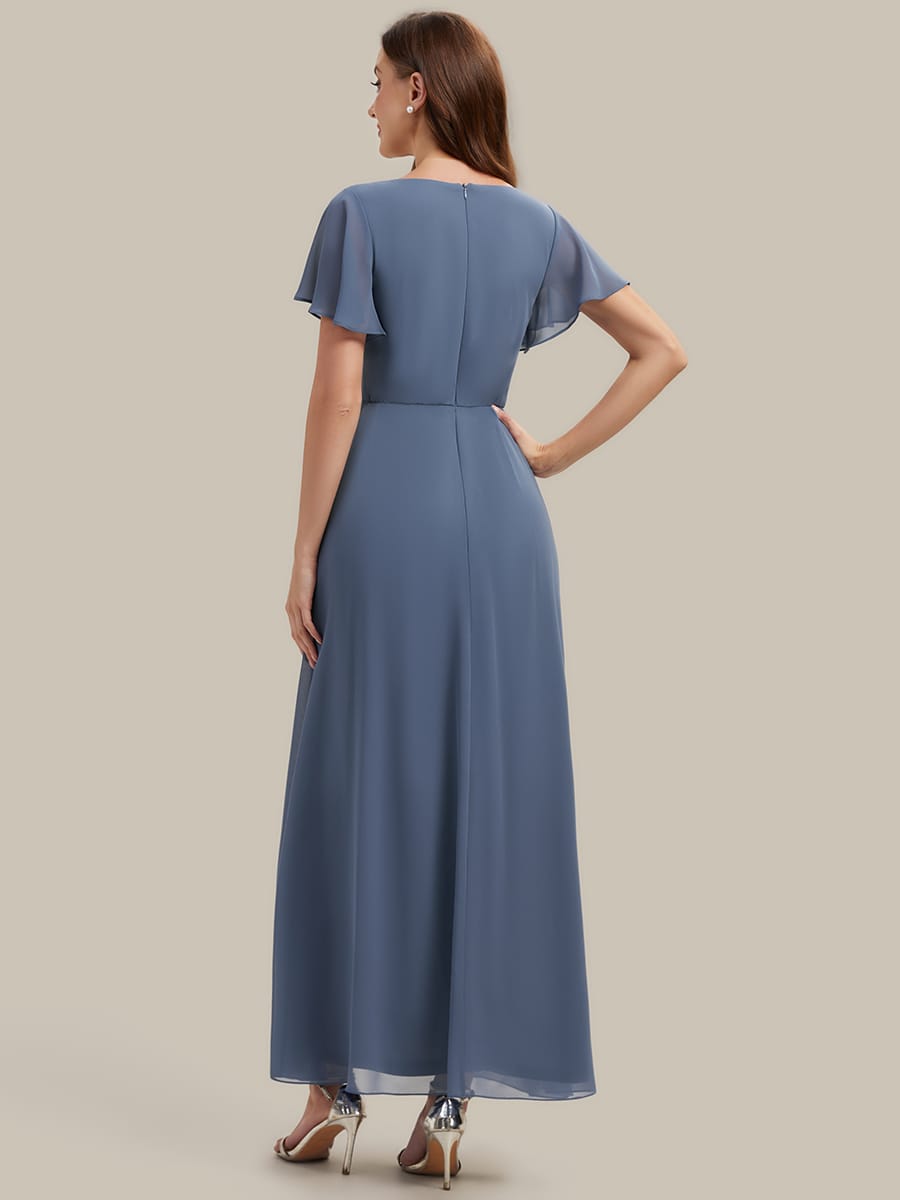 Rhinestone Embellished Chiffon Ruffle Sleeve Dress #color_Dusty Blue