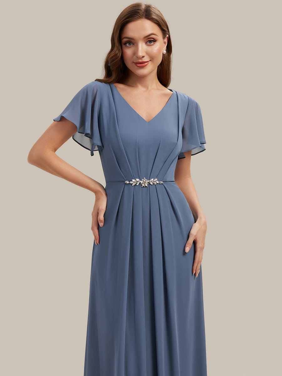 Rhinestone Embellished Chiffon Ruffle Sleeve Dress #color_Dusty Blue