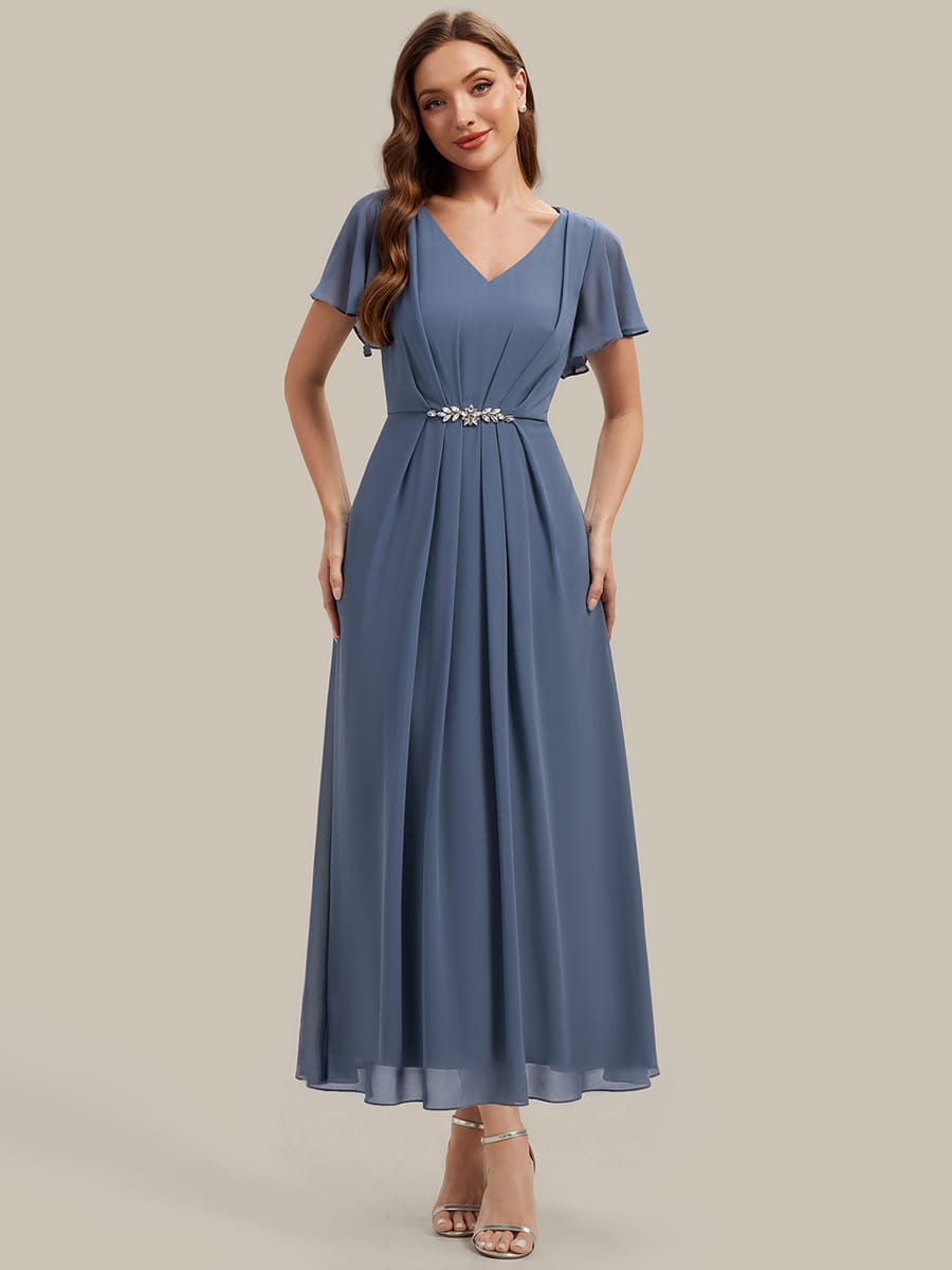 Rhinestone Embellished Chiffon Ruffle Sleeve Dress #color_Dusty Blue