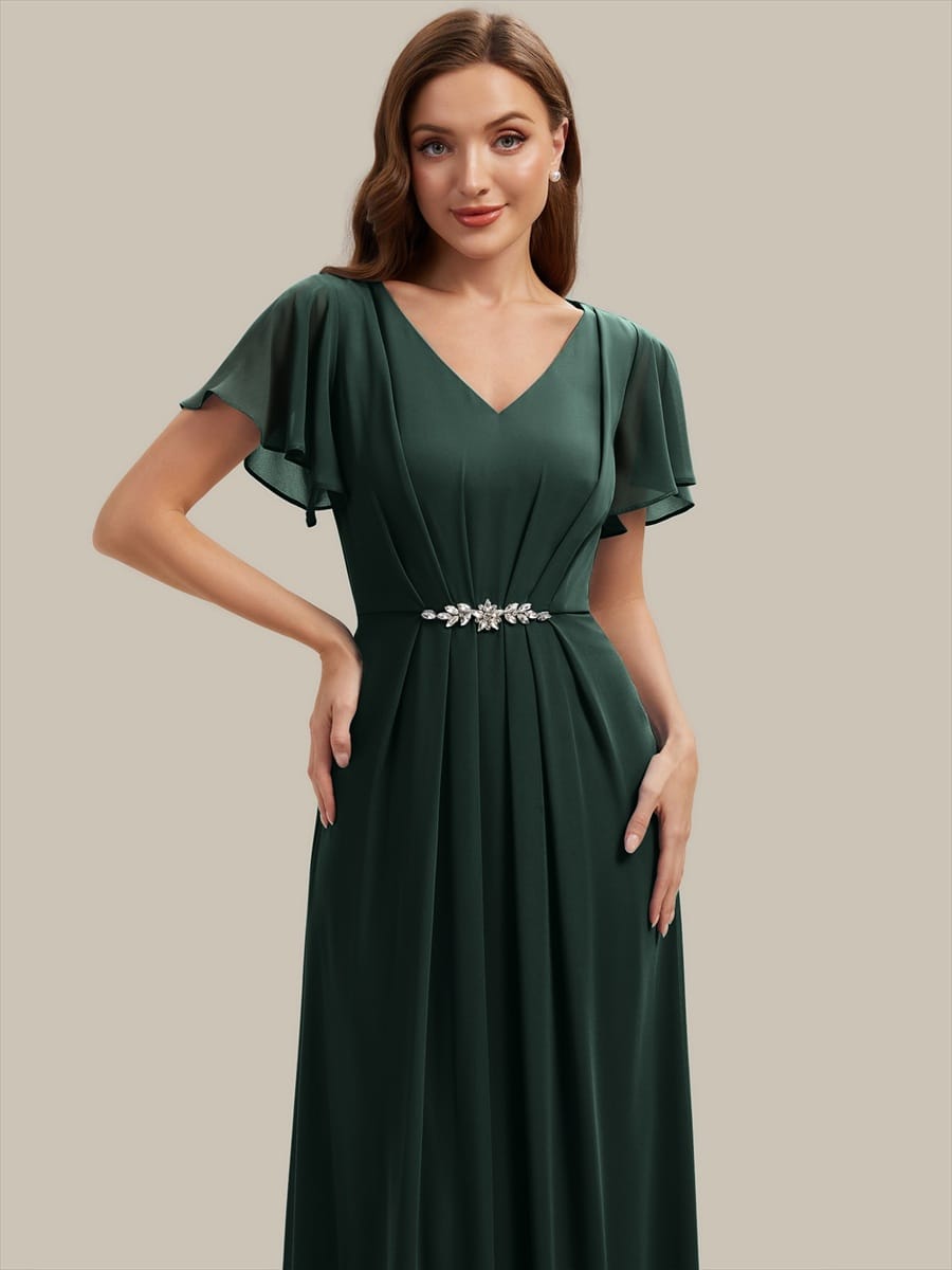 Rhinestone Embellished Chiffon Ruffle Sleeve Dress #color_Dark Forest Green