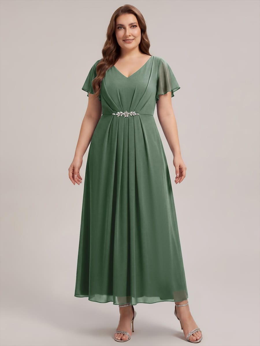 Rhinestone Embellished Chiffon Ruffle Sleeve Dress #color_Eucalyptus Green